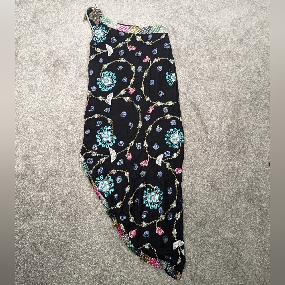 Oleg Cassini Sequin & Bead Embellished 100% Silk Asymmetrical Skirt Swiftie